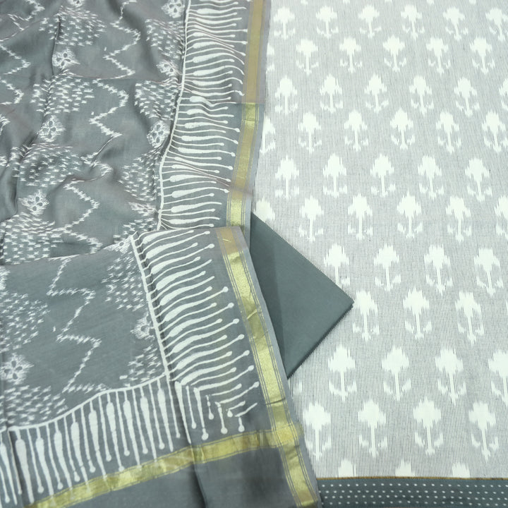 Vandana Fossil Grey All Over Ikkat Inspired Printed Handloom Cotton Suit Set