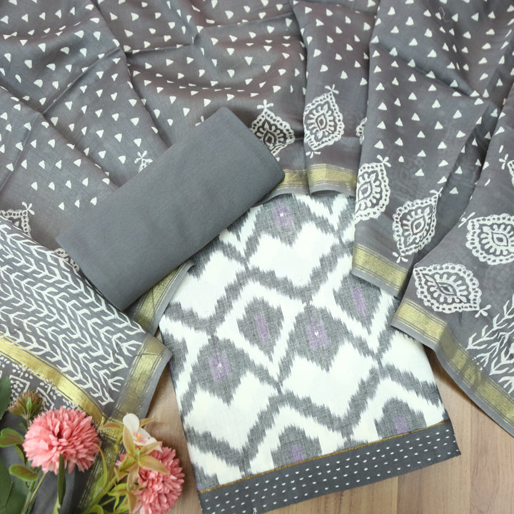 Vandana Sky Grey All Over Ikkat Inspired Printed Handloom Cotton Suit Set