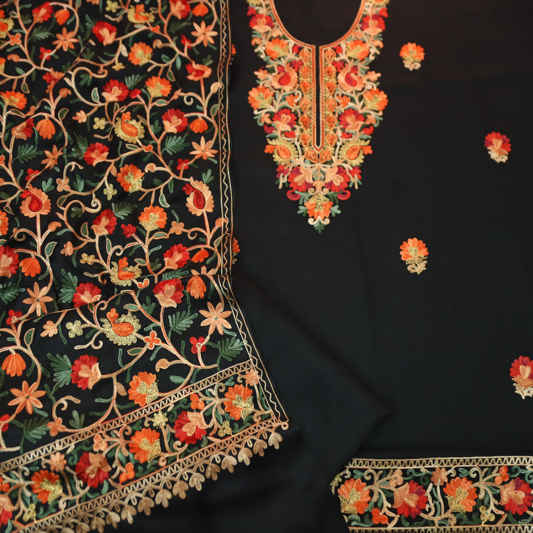 रोशनी Ebony Black Woven with Kashida Embroidery Semi Pashmina Winter Set