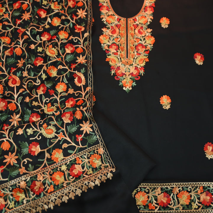 रोशनी Ebony Black Woven with Kashida Embroidery Semi Pashmina Winter Set