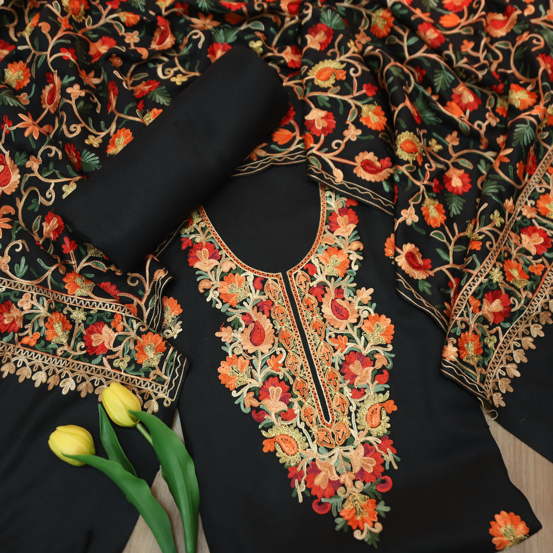 रोशनी Ebony Black Woven with Kashida Embroidery Semi Pashmina Winter Set