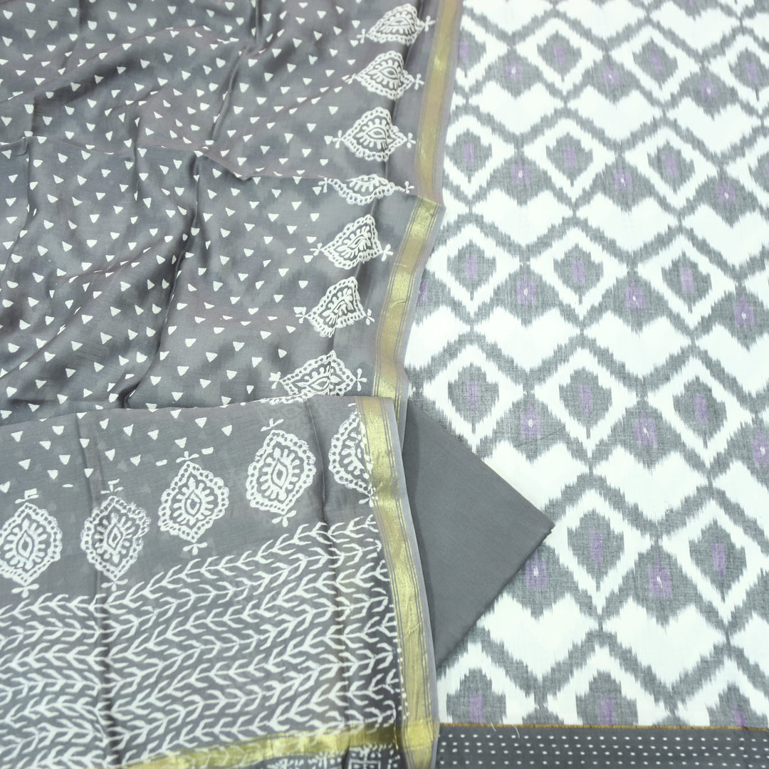 Vandana Sky Grey All Over Ikkat Inspired Printed Handloom Cotton Suit Set