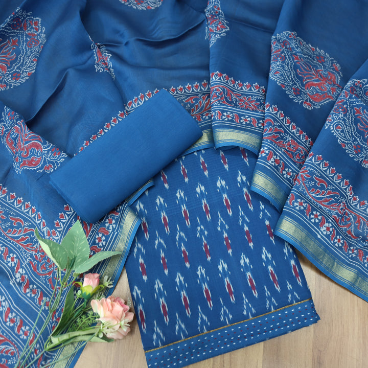 Vandana Prussian Blue All Over Ikkat Inspired Printed Handloom Cotton Suit Set