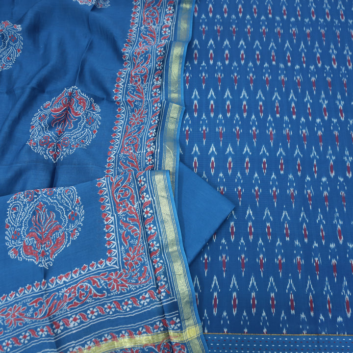 Vandana Prussian Blue All Over Ikkat Inspired Printed Handloom Cotton Suit Set
