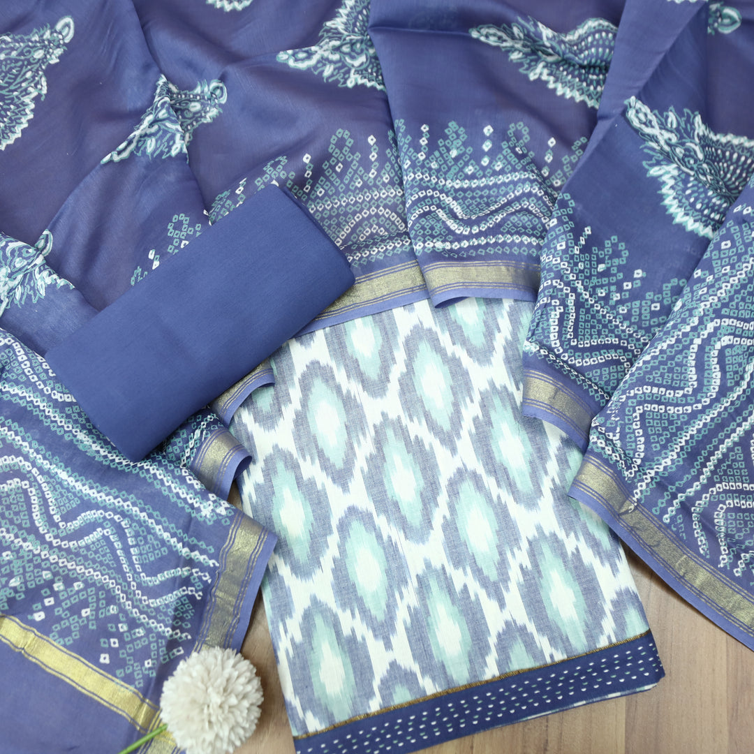 Vandana Ashy Blue All Over Ikkat Inspired Printed Handloom Cotton Suit Set