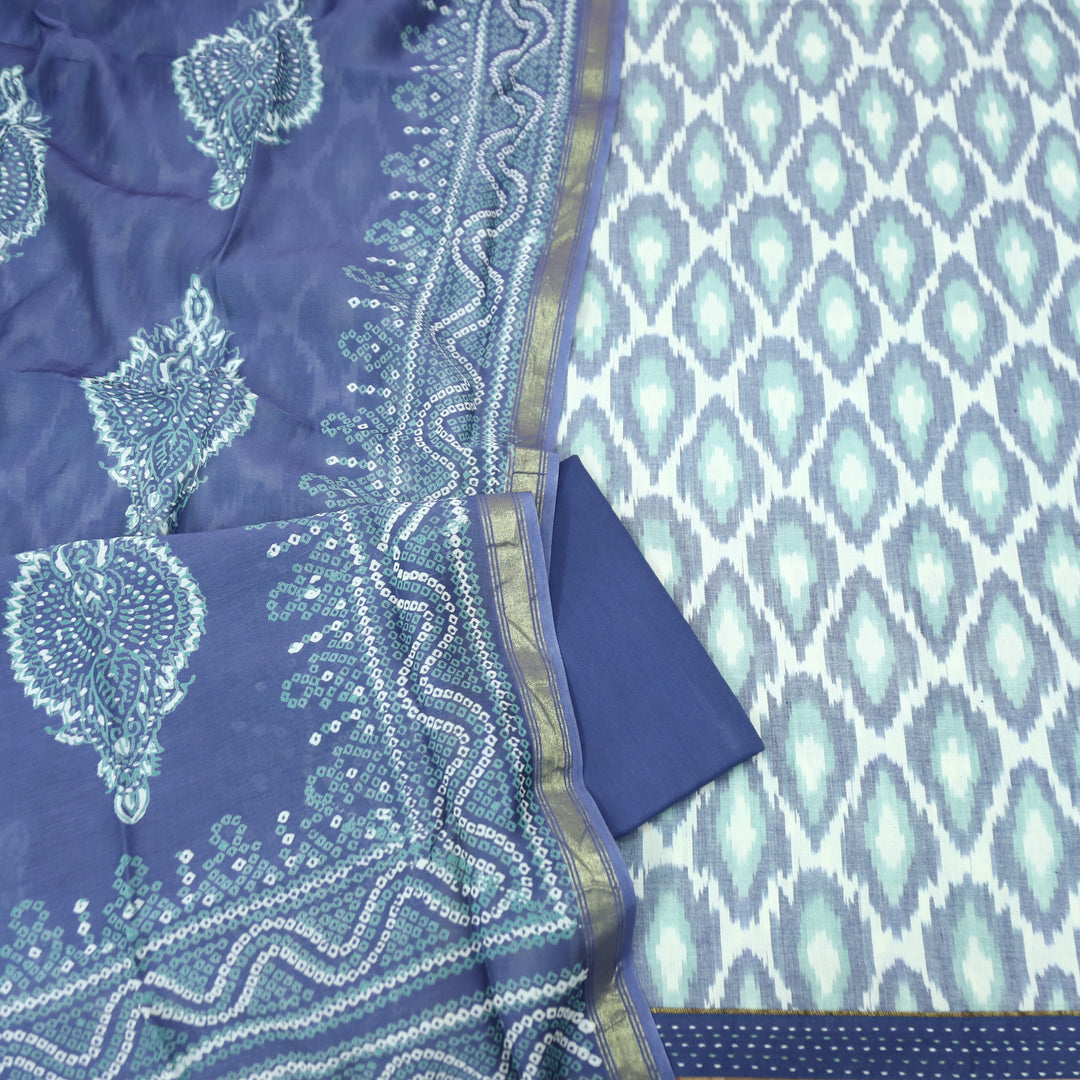 Vandana Ashy Blue All Over Ikkat Inspired Printed Handloom Cotton Suit Set