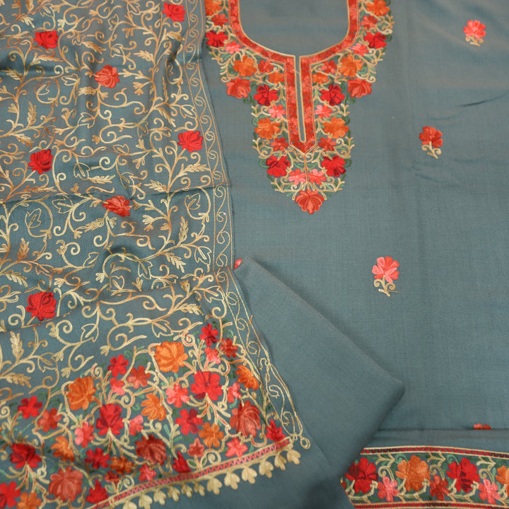 रेशमी Sky Grey Woven with Kashida Embroidery Semi Pashmina Winter Set