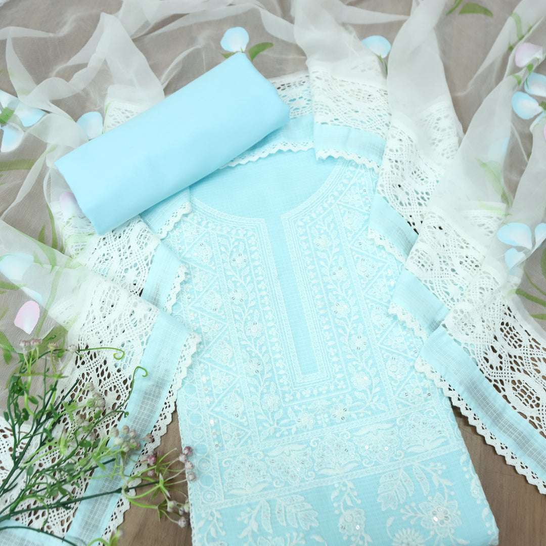 Khawaba Baby Blue All Over Thread Embroidered Neck Work Kota Doriya Suit Set