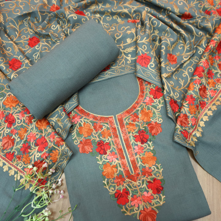 रेशमी Sky Grey Woven with Kashida Embroidery Semi Pashmina Winter Set
