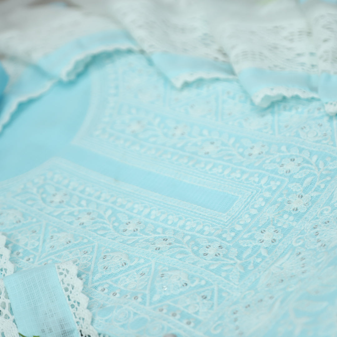 Khawaba Baby Blue All Over Thread Embroidered Neck Work Kota Doriya Suit Set