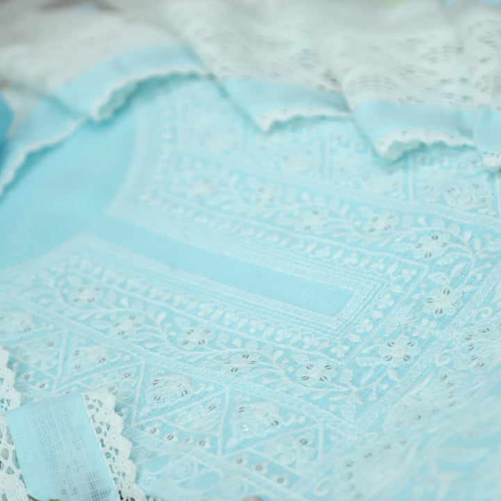 Khawaba Baby Blue All Over Thread Embroidered Neck Work Kota Doriya Suit Set