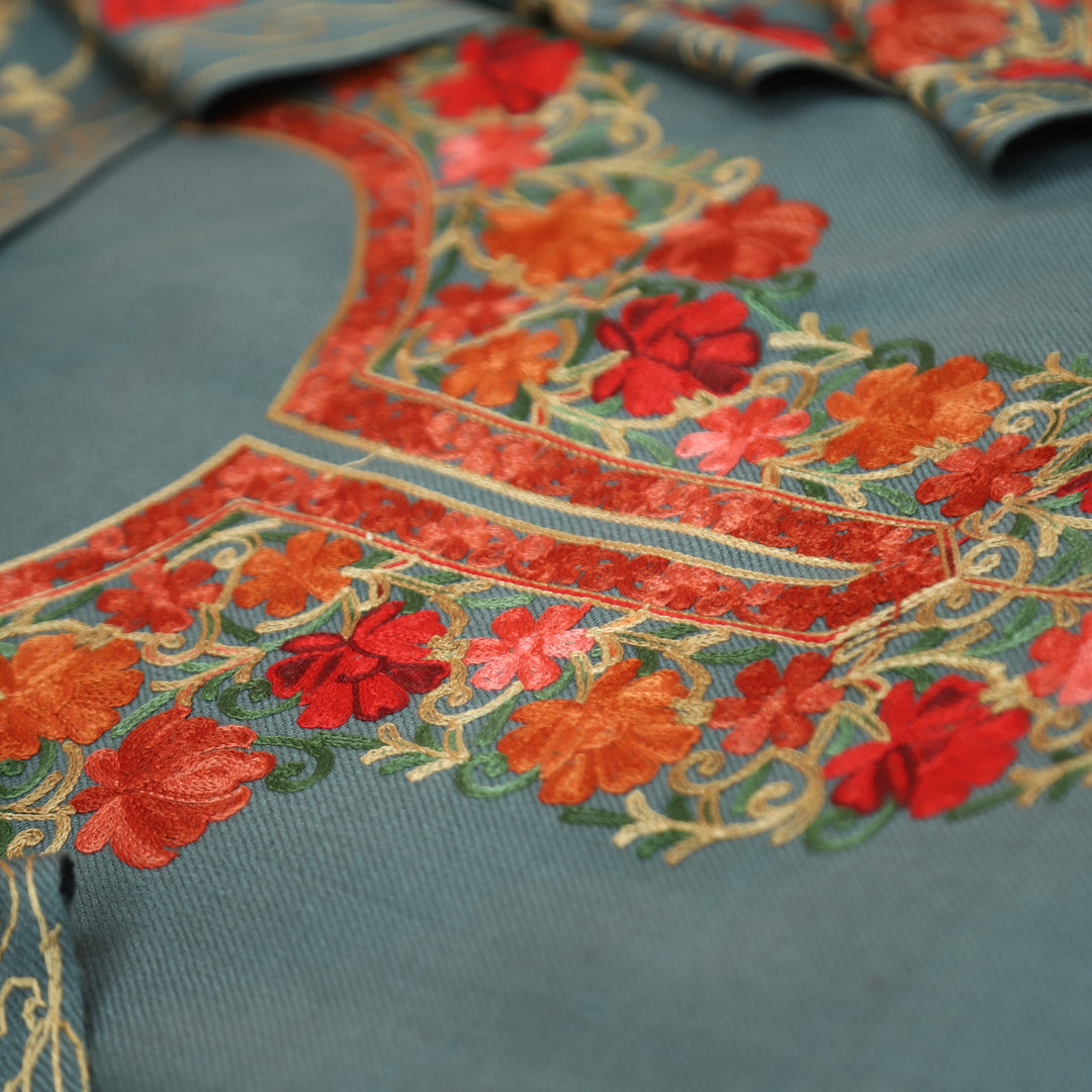 रेशमी Sky Grey Woven with Kashida Embroidery Semi Pashmina Winter Set