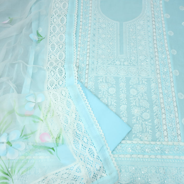 Khawaba Baby Blue All Over Thread Embroidered Neck Work Kota Doriya Suit Set
