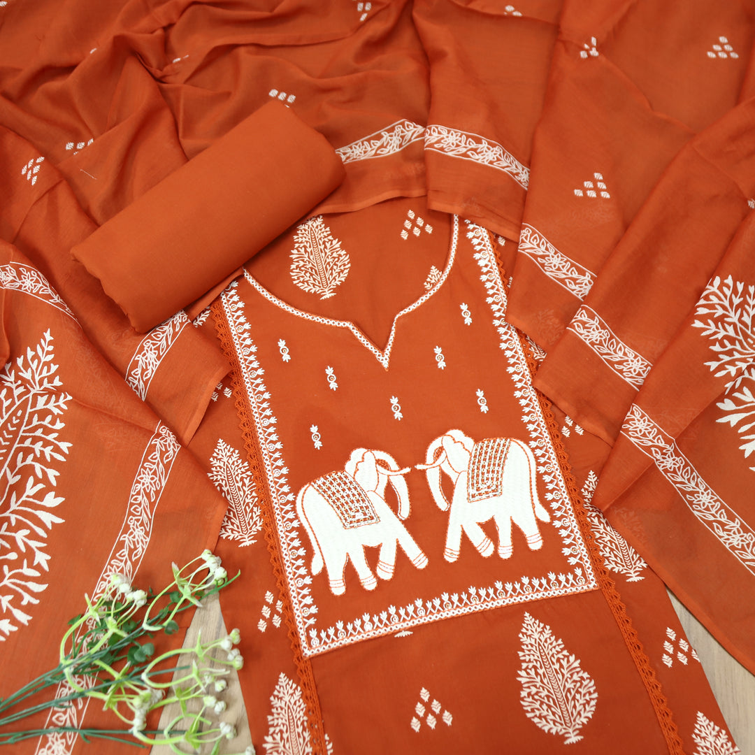 Yashvi Rust Orange Gajj Embroidered Work Yoke Block Printed Panel Cotton Suit Set