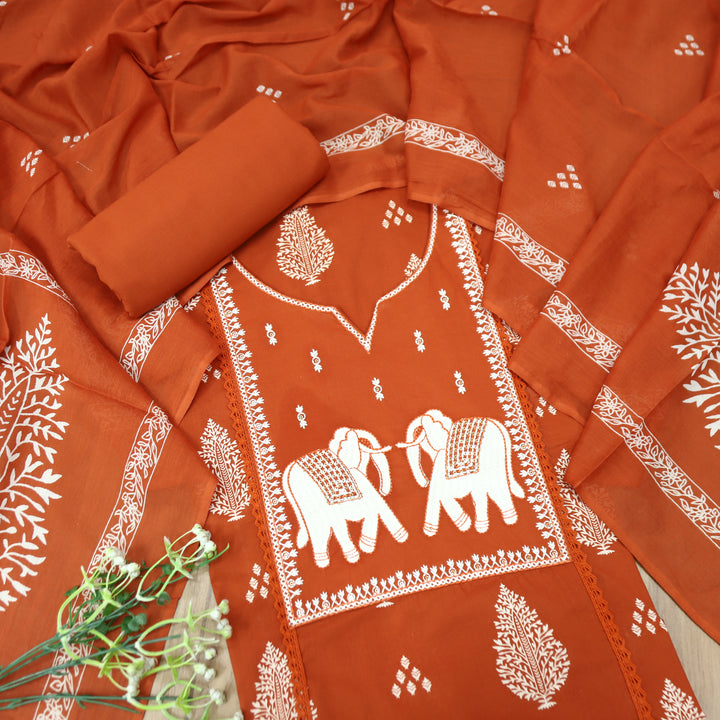 Yashvi Rust Orange Gajj Embroidered Work Yoke Block Printed Panel Cotton Suit Set