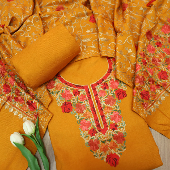 रेशमी Canary Yellow Woven with Kashida Embroidery Semi Pashmina Winter Set