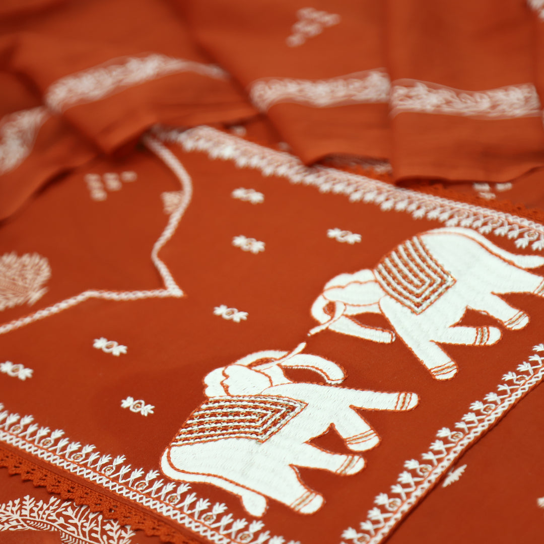 Yashvi Rust Orange Gajj Embroidered Work Yoke Block Printed Panel Cotton Suit Set