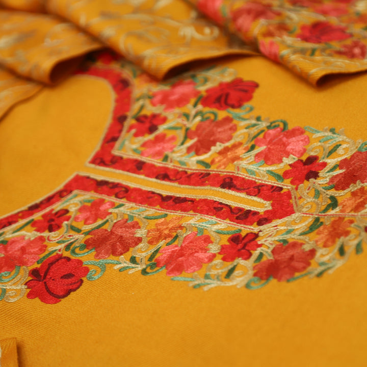 रेशमी Canary Yellow Woven with Kashida Embroidery Semi Pashmina Winter Set
