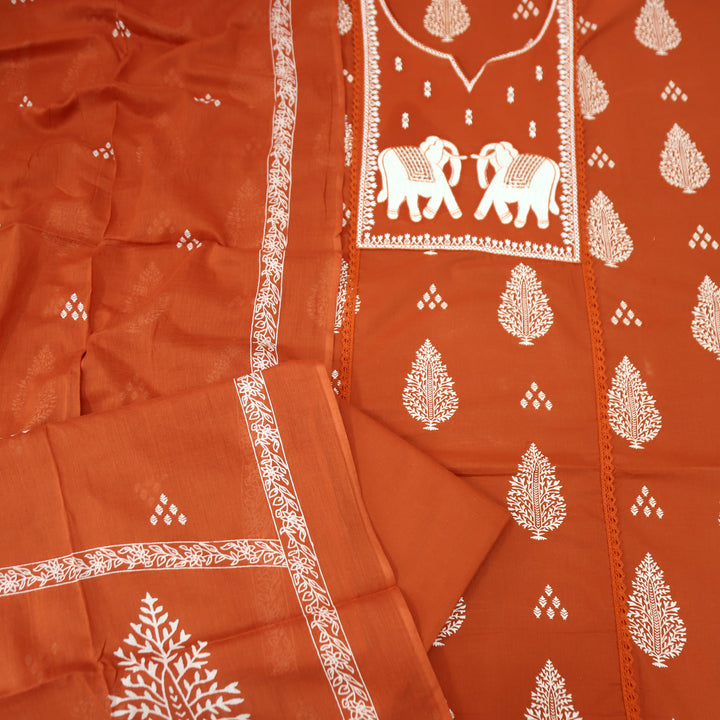 Yashvi Rust Orange Gajj Embroidered Work Yoke Block Printed Panel Cotton Suit Set