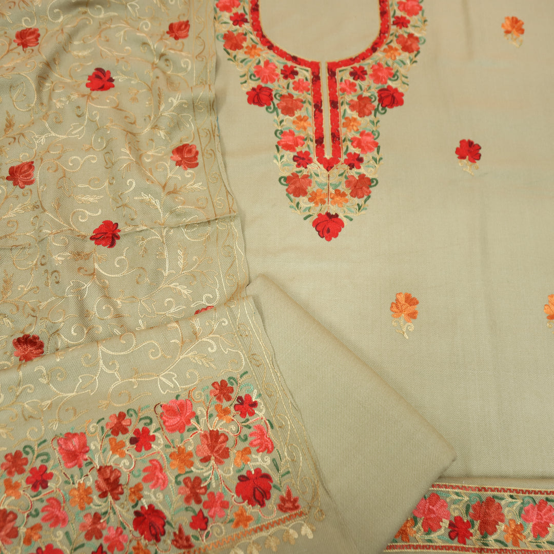 रेशमी Skin Beige Woven with Kashida Embroidery Semi Pashmina Winter Set