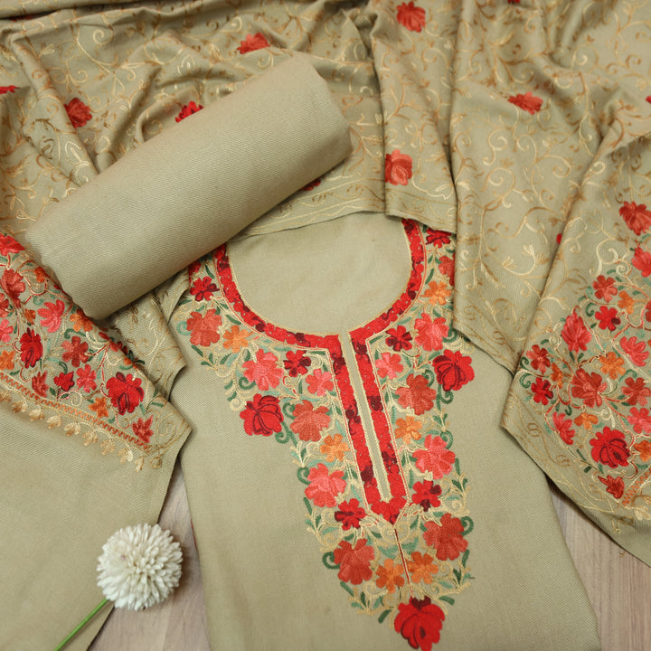 रेशमी Skin Beige Woven with Kashida Embroidery Semi Pashmina Winter Set