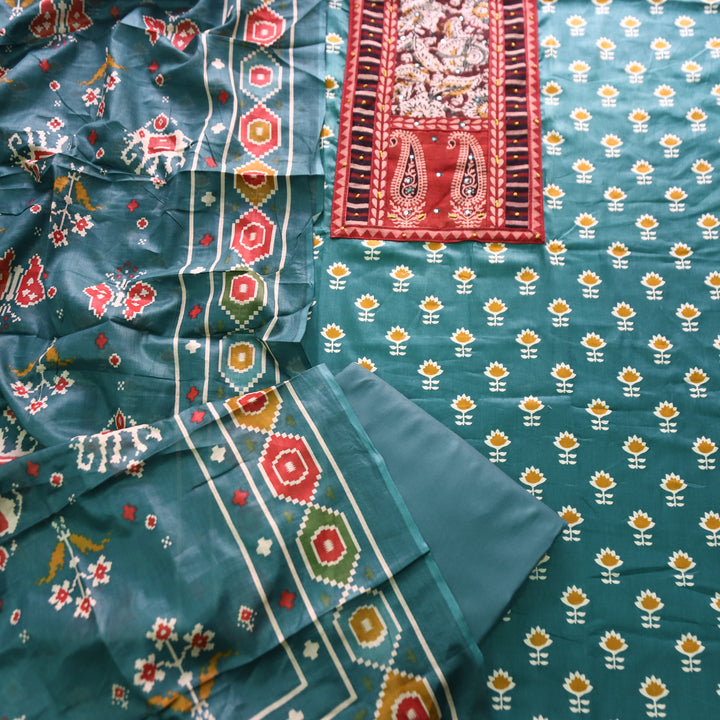 Maurya Ocean Teal Kalamkari Patch with French Knot Lotus Printed Jam Cotton Set