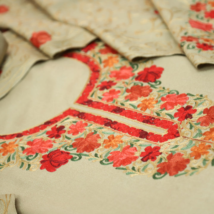 रेशमी Skin Beige Woven with Kashida Embroidery Semi Pashmina Winter Set