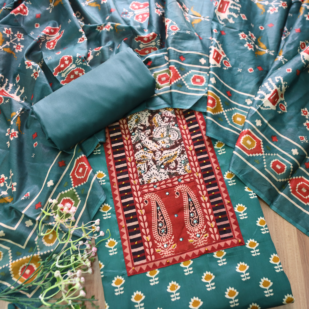Maurya Ocean Teal Kalamkari Patch with French Knot Lotus Printed Jam Cotton Set
