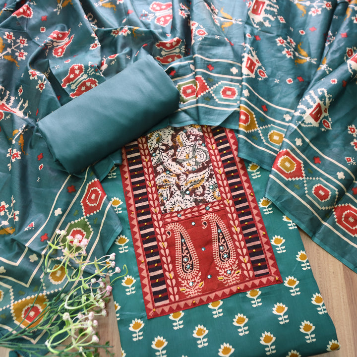 Maurya Ocean Teal Kalamkari Patch with French Knot Lotus Printed Jam Cotton Set