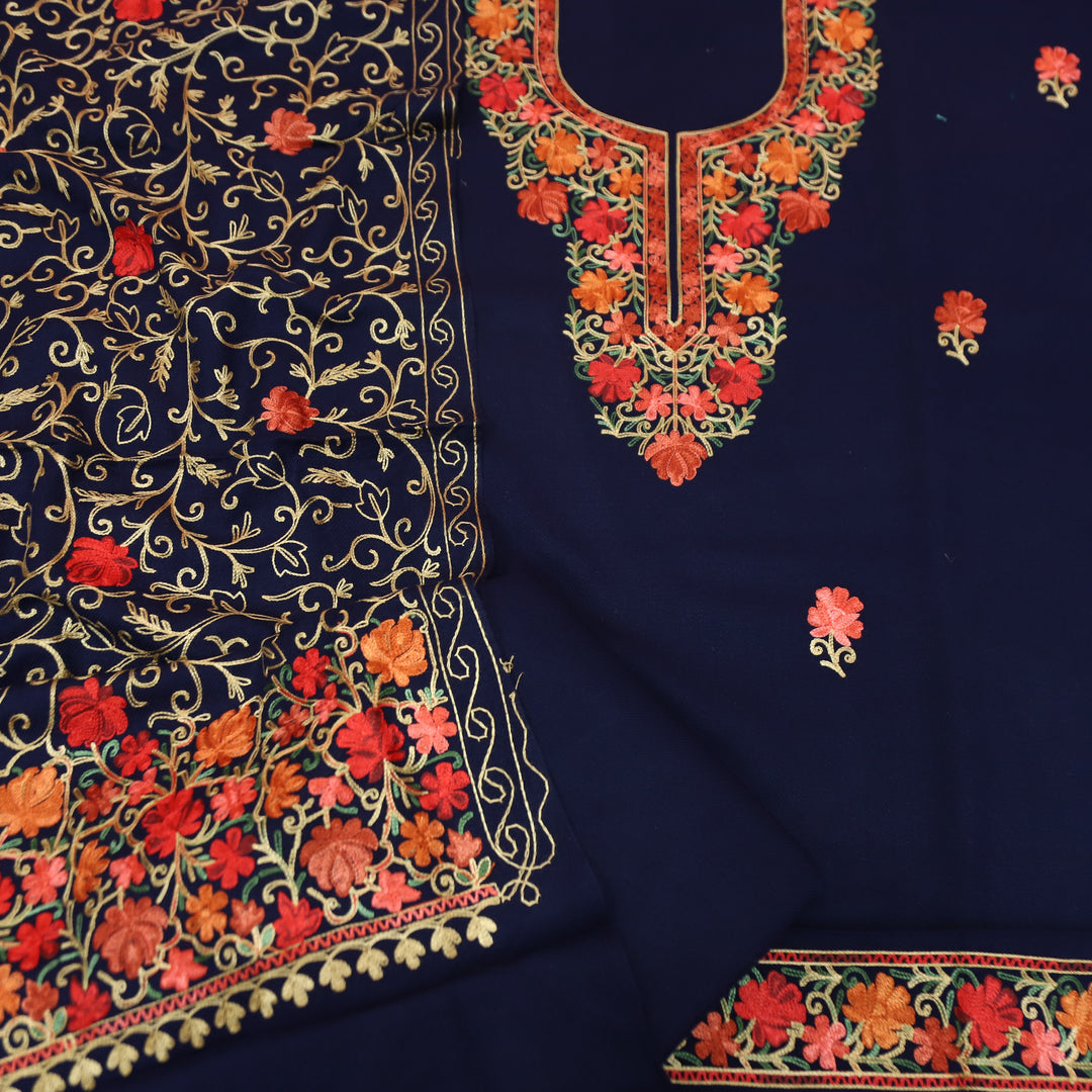 रेशमी Dark Blue Woven with Kashida Embroidery Semi Pashmina Winter Set
