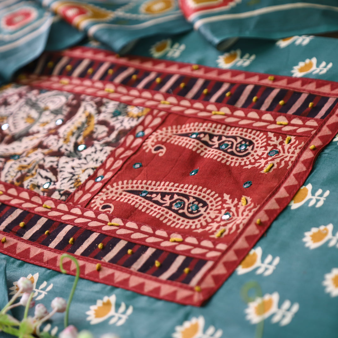 Maurya Ocean Teal Kalamkari Patch with French Knot Lotus Printed Jam Cotton Set