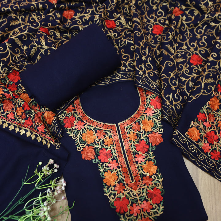 रेशमी Dark Blue Woven with Kashida Embroidery Semi Pashmina Winter Set