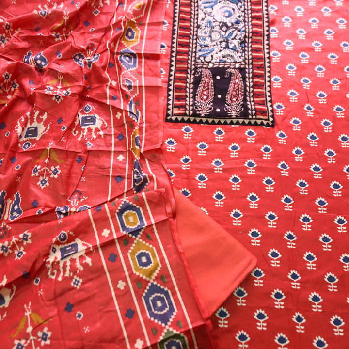 Maurya Tomato Red Kalamkari Patch with French Knot Lotus Printed Jam Cotton Set