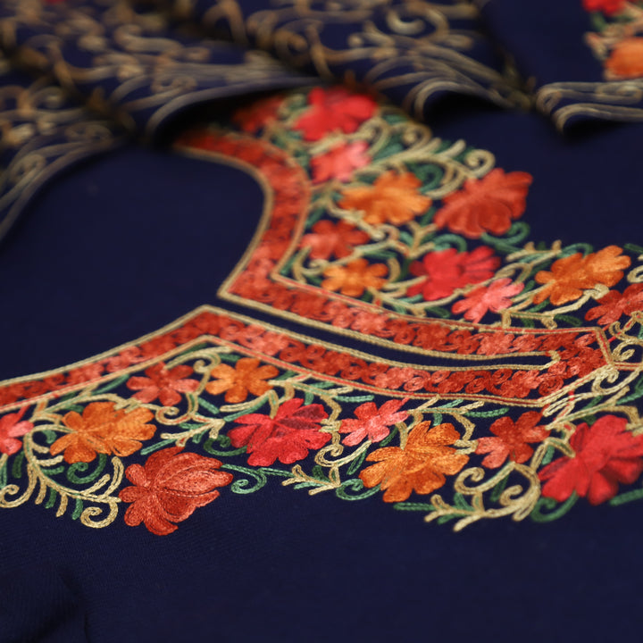 रेशमी Dark Blue Woven with Kashida Embroidery Semi Pashmina Winter Set