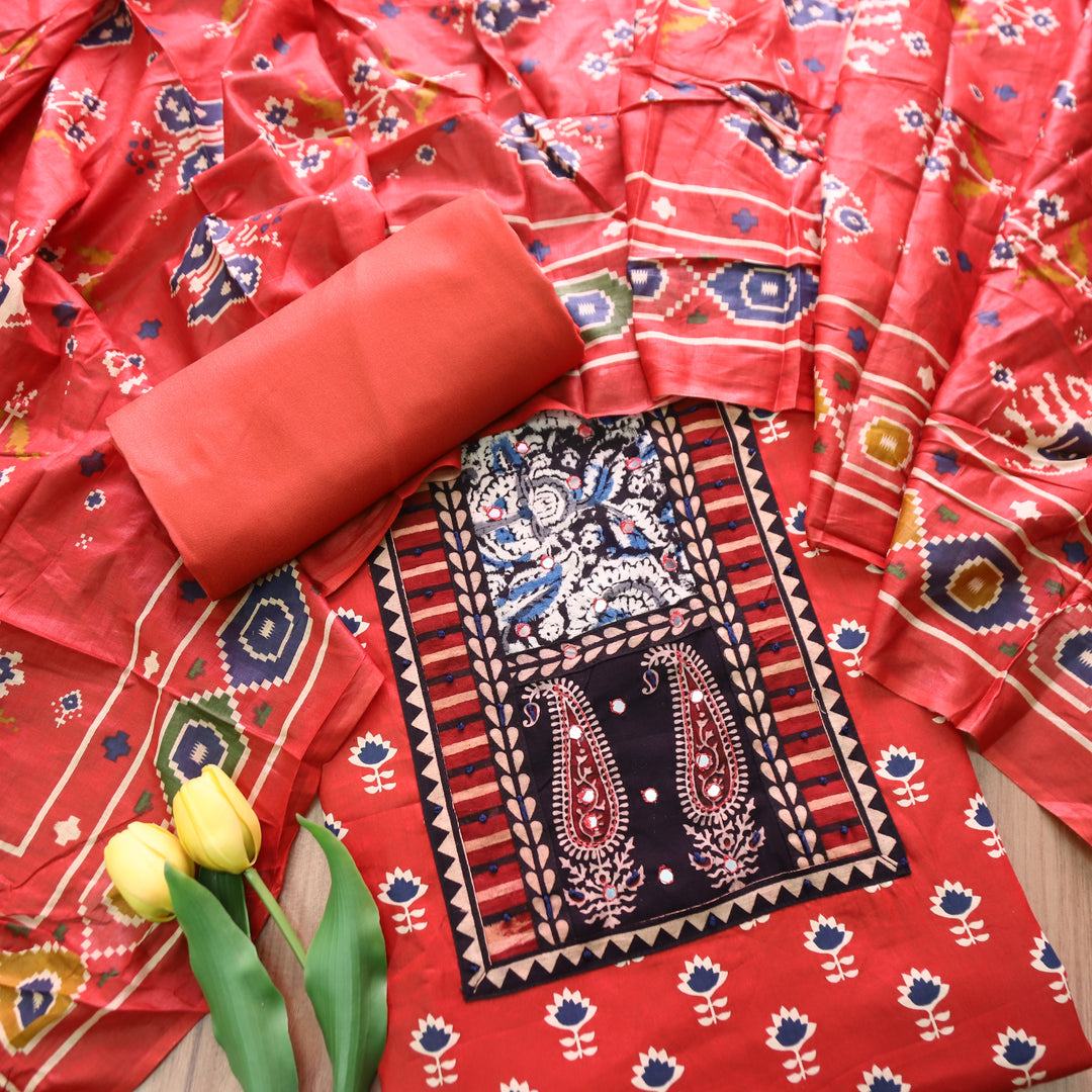 Maurya Tomato Red Kalamkari Patch with French Knot Lotus Printed Jam Cotton Set