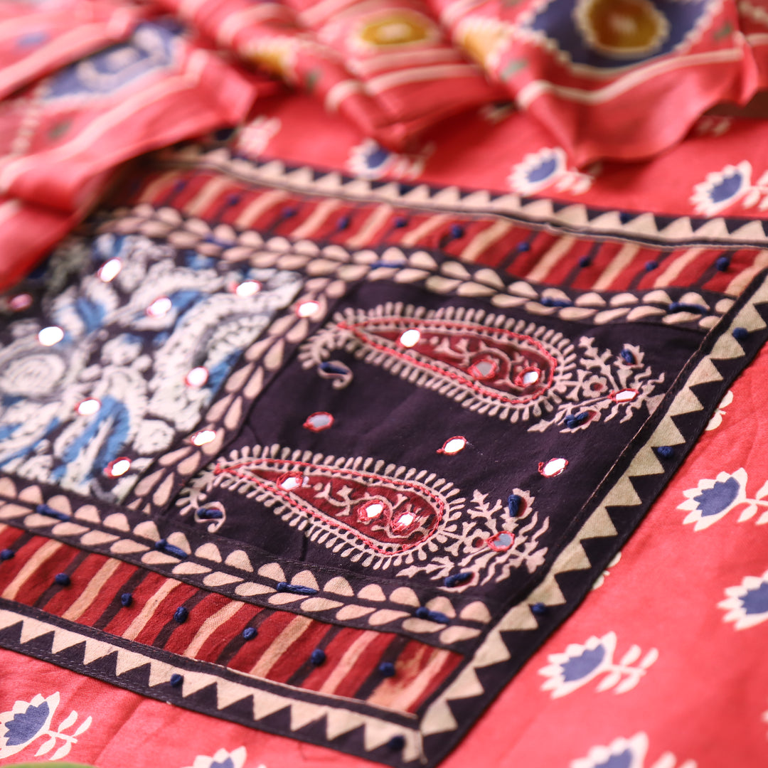 Maurya Tomato Red Kalamkari Patch with French Knot Lotus Printed Jam Cotton Set