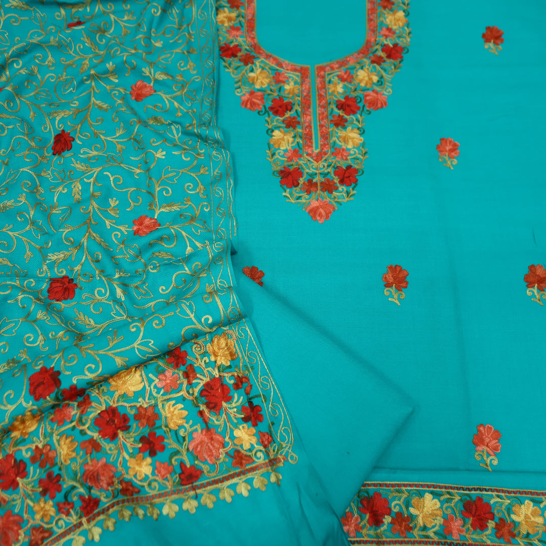 रेशमी Aqua Turquoise Woven with Kashida Embroidery Semi Pashmina Winter Set