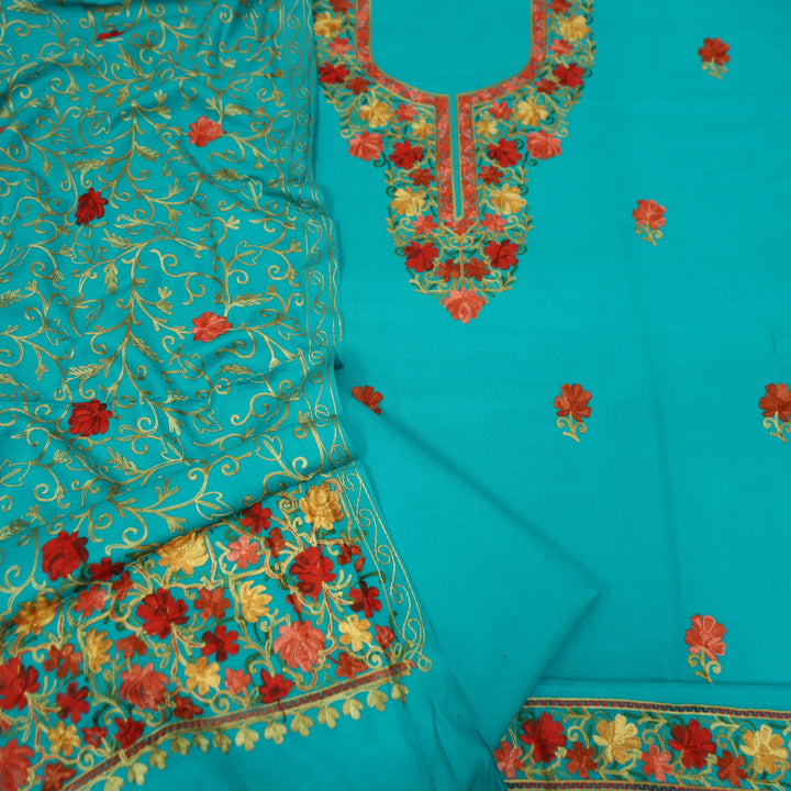 रेशमी Aqua Turquoise Woven with Kashida Embroidery Semi Pashmina Winter Set