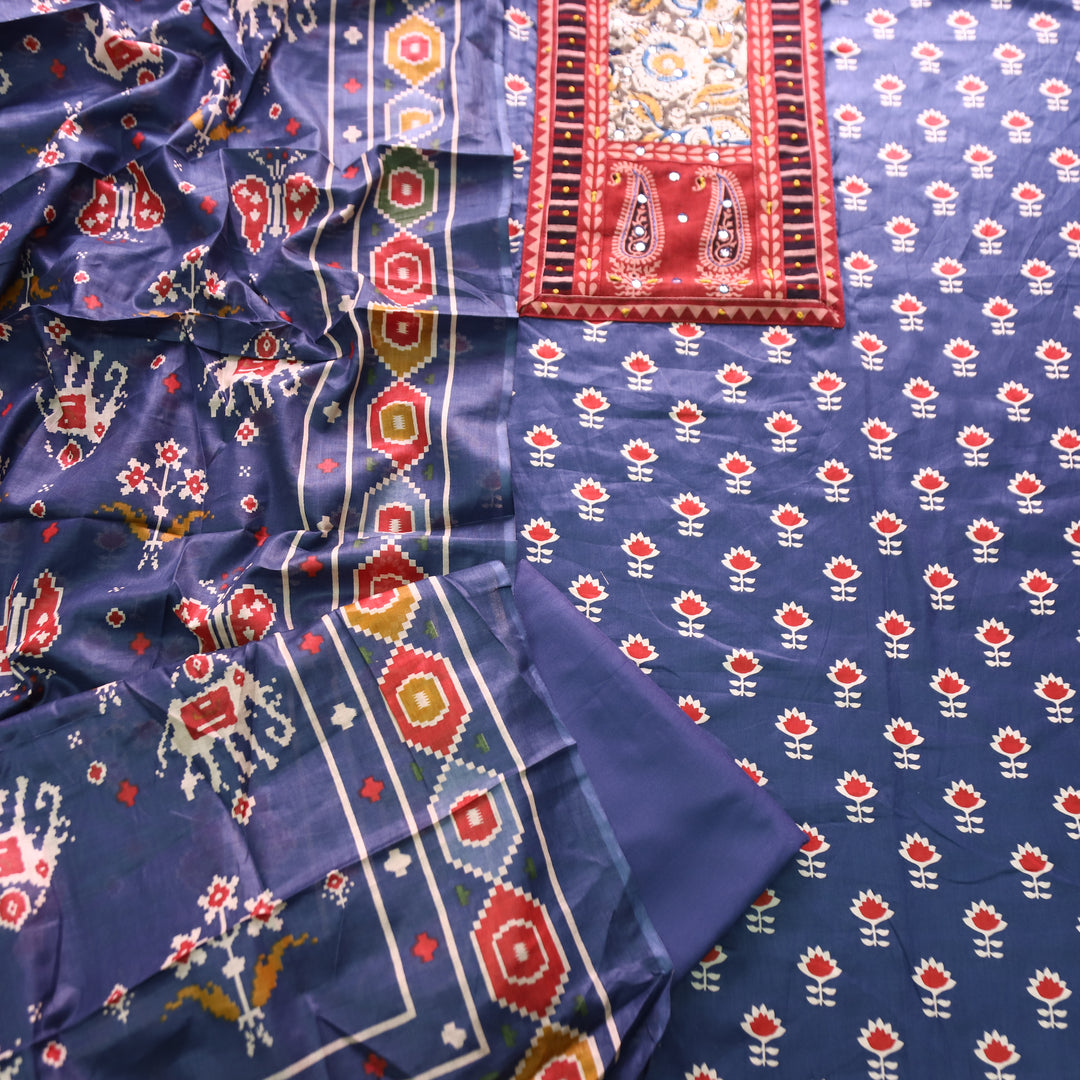 Maurya Denim Blue Kalamkari Patch with French Knot Lotus Printed Jam Cotton Set