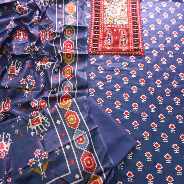 Maurya Denim Blue Kalamkari Patch with French Knot Lotus Printed Jam Cotton Set