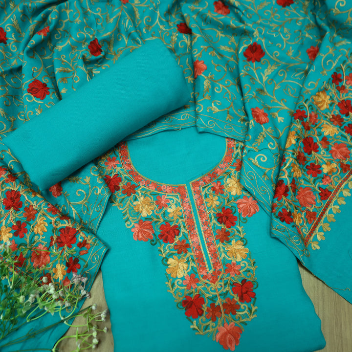 रेशमी Aqua Turquoise Woven with Kashida Embroidery Semi Pashmina Winter Set