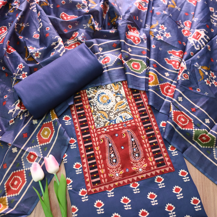 Maurya Denim Blue Kalamkari Patch with French Knot Lotus Printed Jam Cotton Set