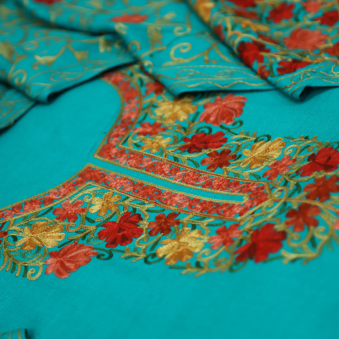 रेशमी Aqua Turquoise Woven with Kashida Embroidery Semi Pashmina Winter Set