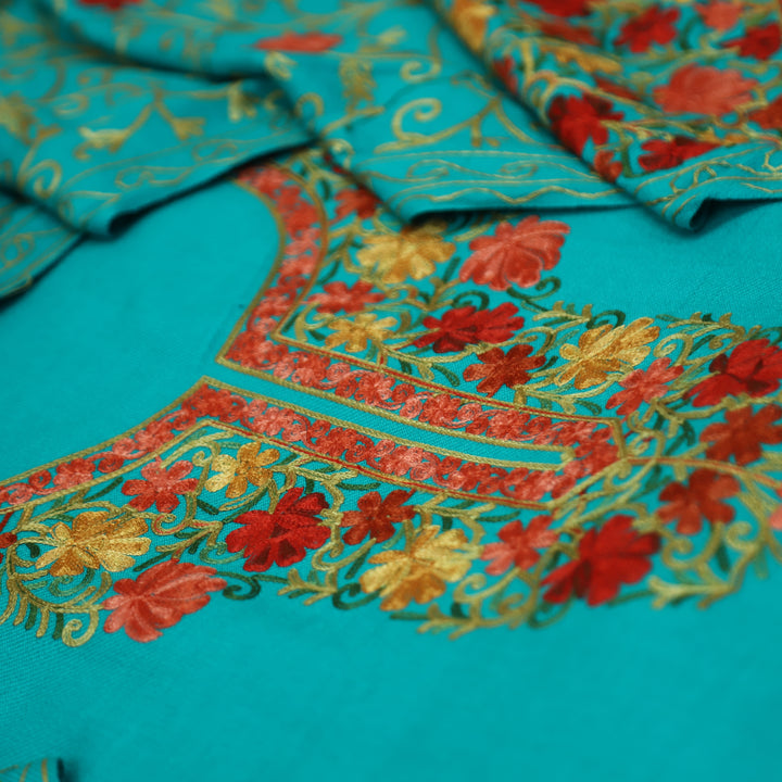 रेशमी Aqua Turquoise Woven with Kashida Embroidery Semi Pashmina Winter Set