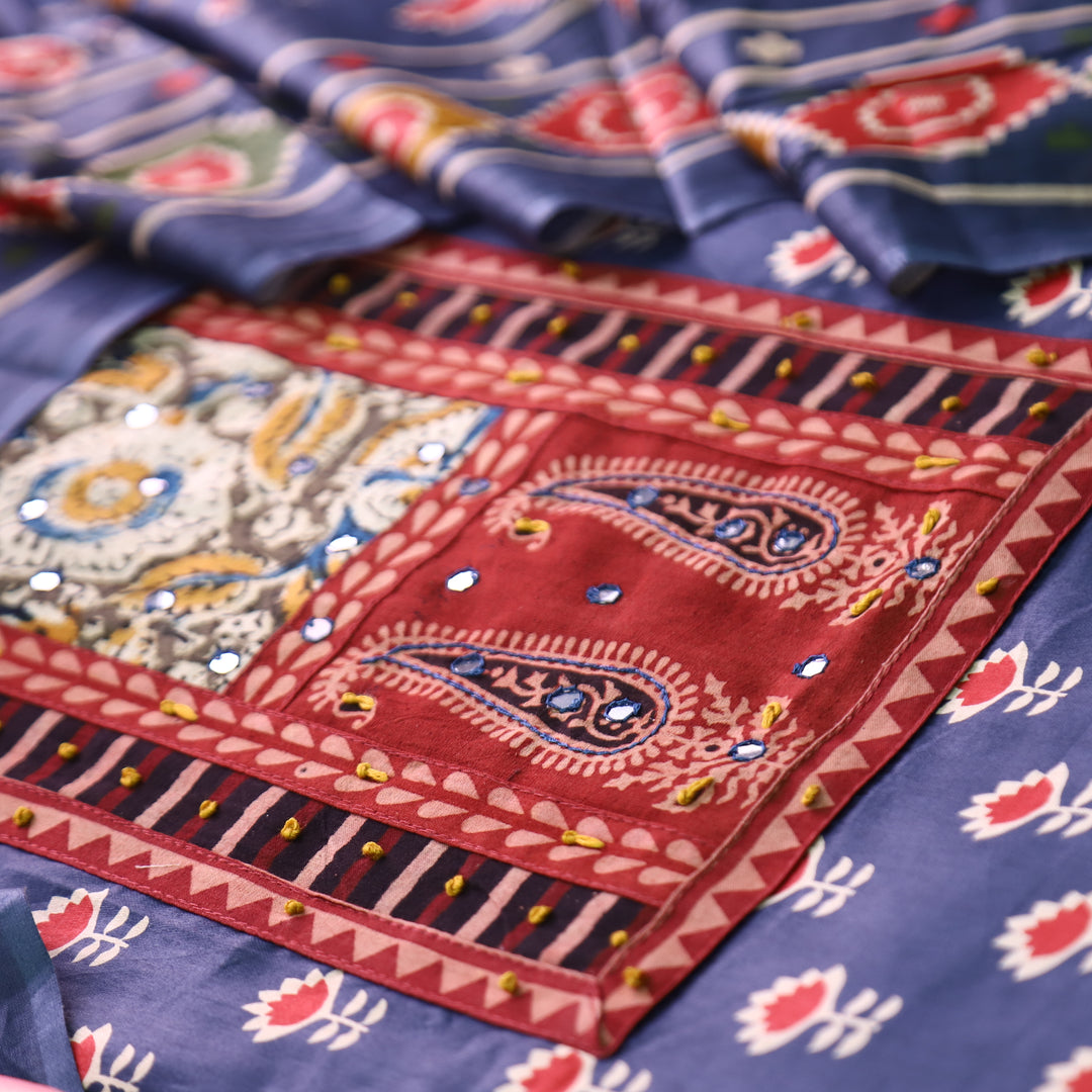 Maurya Denim Blue Kalamkari Patch with French Knot Lotus Printed Jam Cotton Set