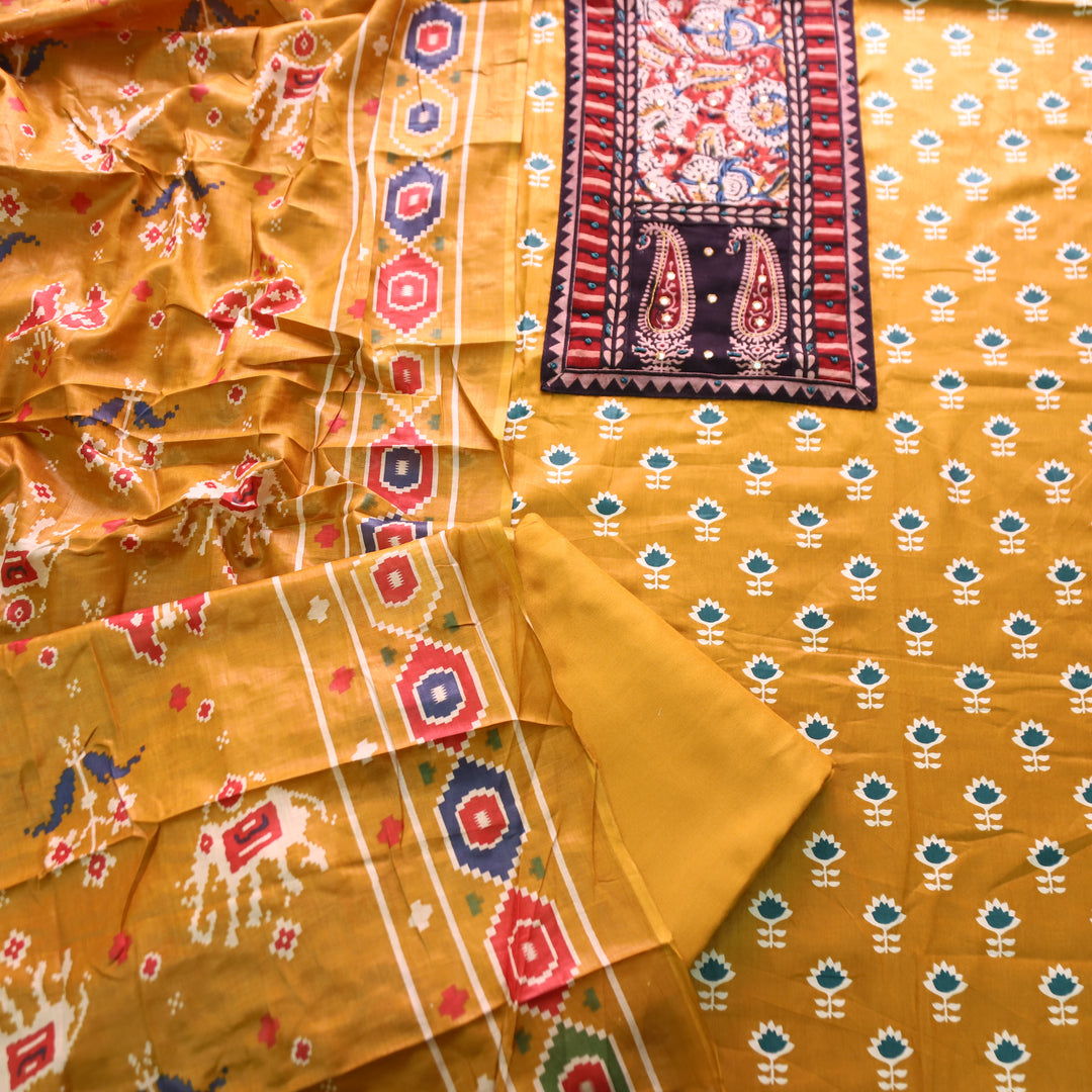 Maurya Dijon Yellow Kalamkari Patch with French Knot Lotus Printed Jam Cotton Set