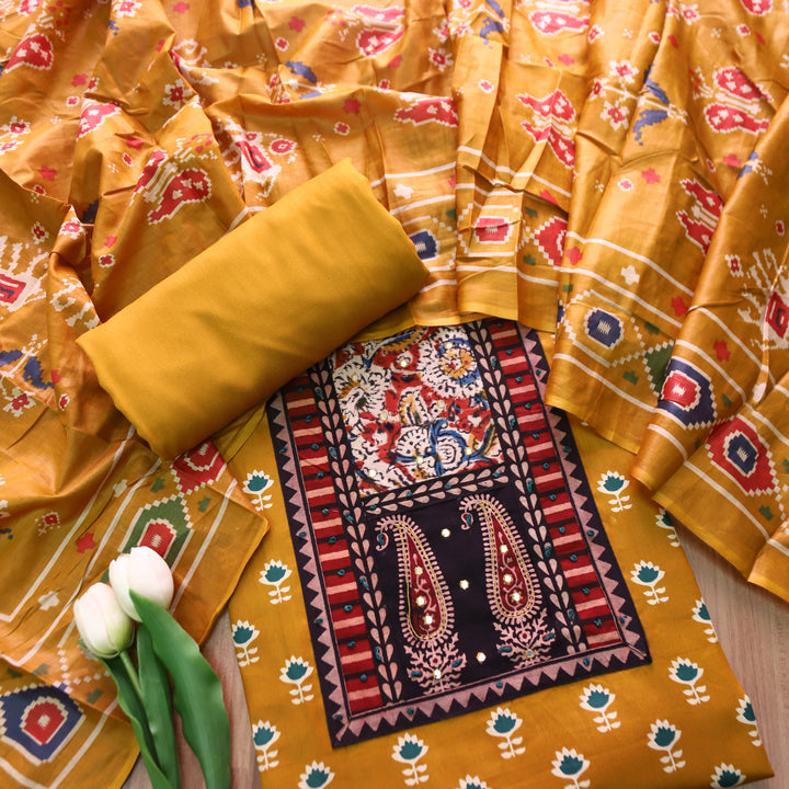Maurya Dijon Yellow Kalamkari Patch with French Knot Lotus Printed Jam Cotton Set