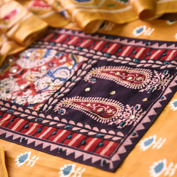 Maurya Dijon Yellow Kalamkari Patch with French Knot Lotus Printed Jam Cotton Set