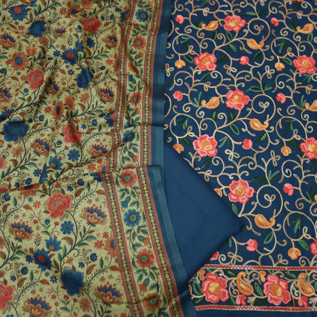 साध्गी Sapphire Blue All Over Woven Kashida Embroidery Semi Pashmina Winter Set