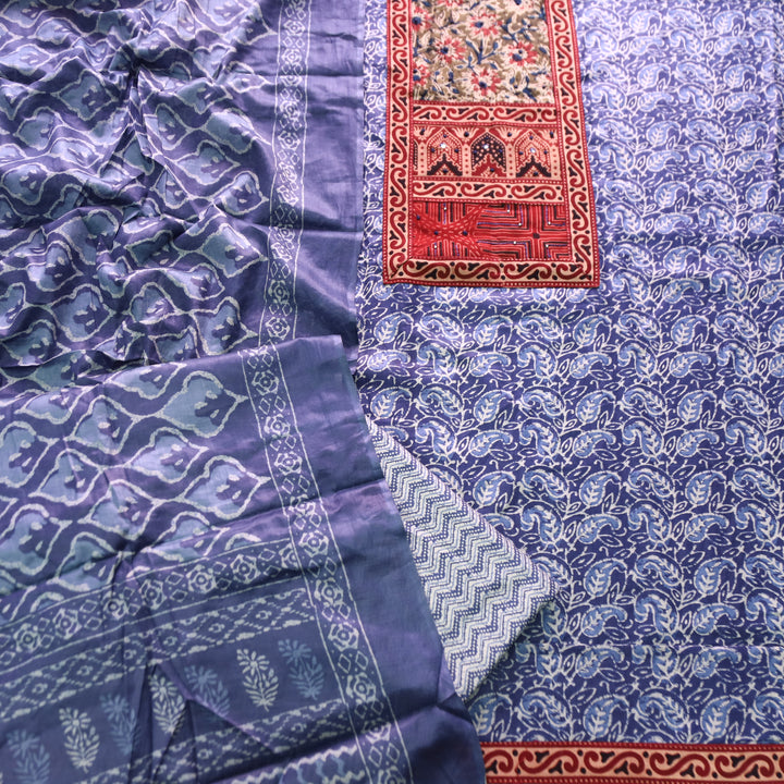Shanvi Indigo Blue Kutch Work Ajrak Printed Yoke in Kalamkari Printed Cotton Suit Set